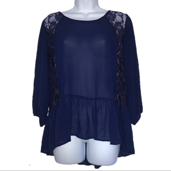 2/$20 Charming Charlie Chiffon & Lace Ruffle Navy Top L - Picture 1 of 5